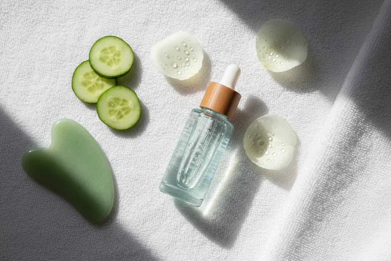 Sérum de ácido hialurónico sobre superficie blanca con pepino y gotas de agua, estilo K-beauty Flawless