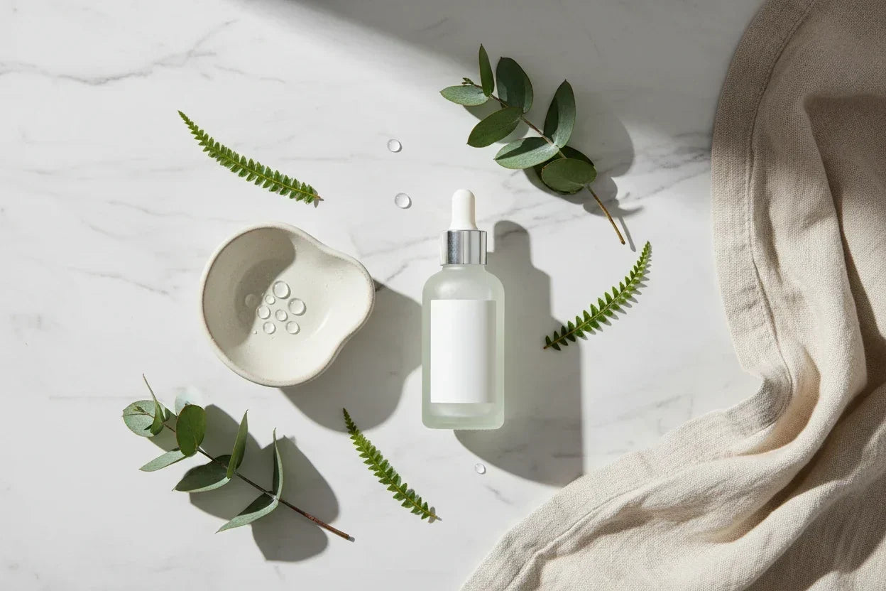 Sérum de niacinamida sobre mármol blanco con hojas verdes, estilo K-beauty Flawless