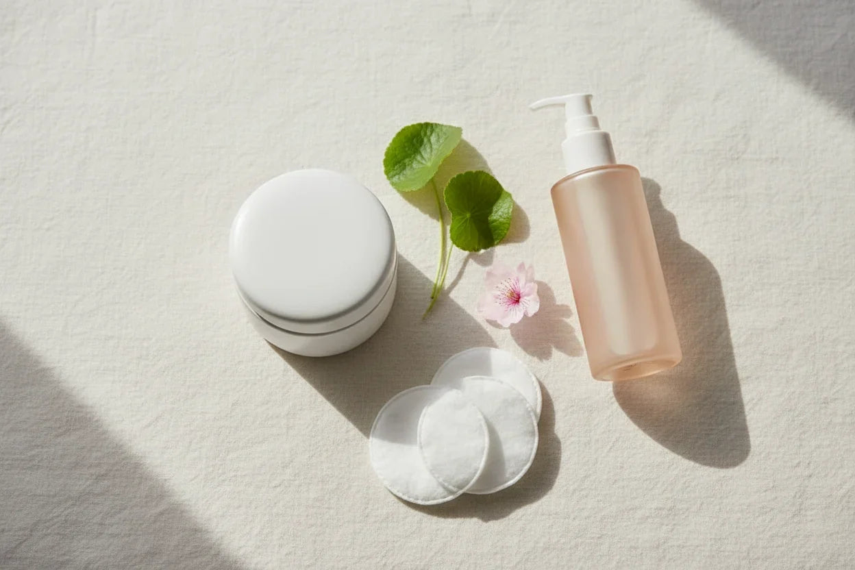 Productos suaves de skincare coreano para piel sensible sobre lino crema, estilo K-beauty Flawless
