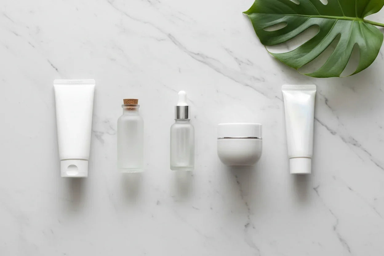 5 productos de skincare coreano ordenados en mármol blanco, rutina K-beauty Flawless