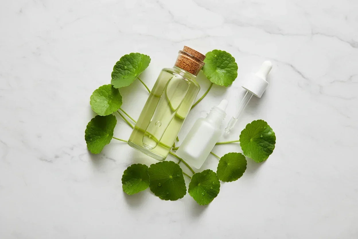 Productos de centella asiática Skin1004 sobre mármol blanco con hojas verdes, estilo K-beauty Flawless
